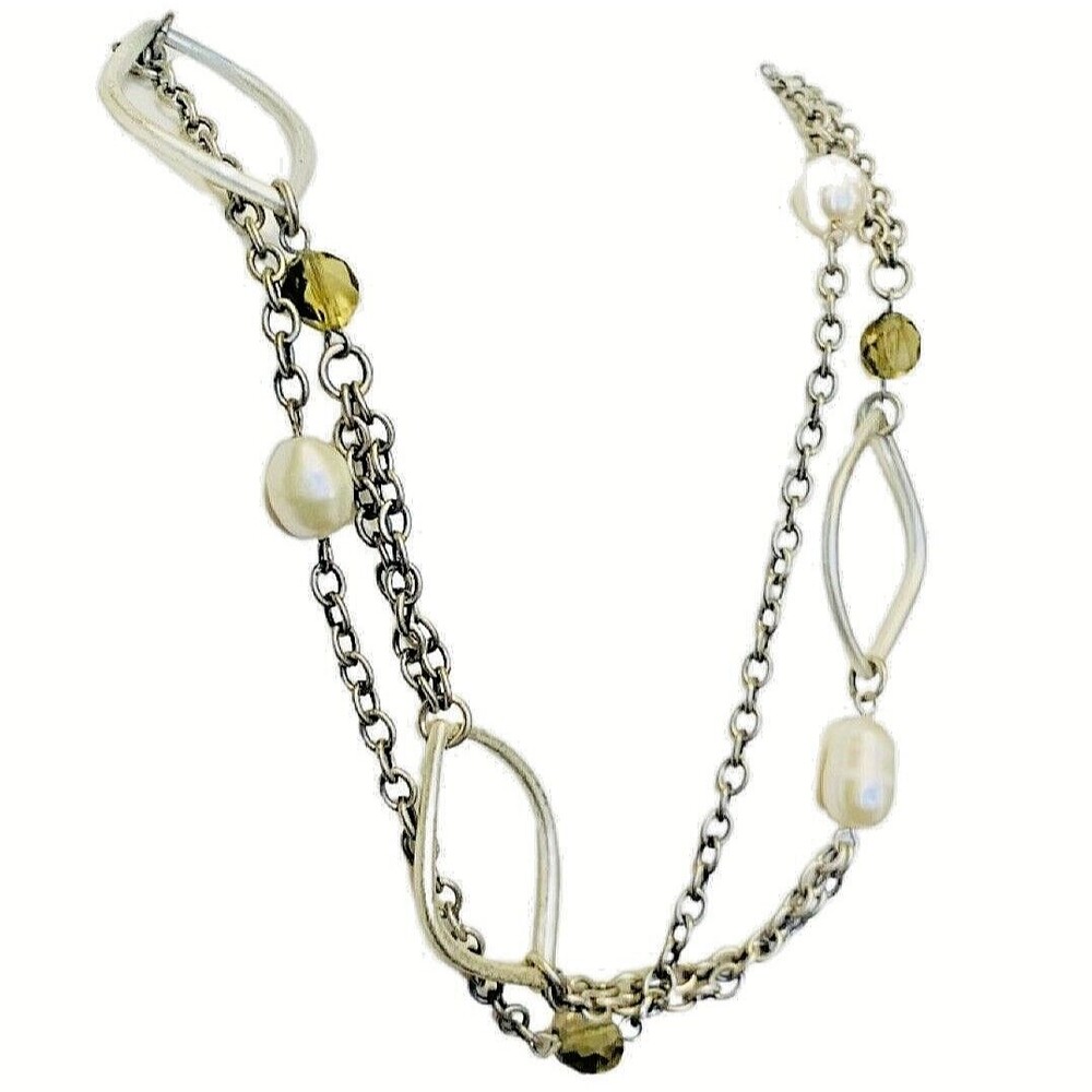 White Pearl Layered Station Necklace 18" Silver Tone Multi-Chain Station